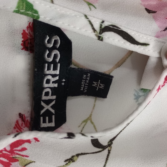 Express Floral Button Up Over the Shoulder Blouse Top White Pink & Green - Picture 8 of 9